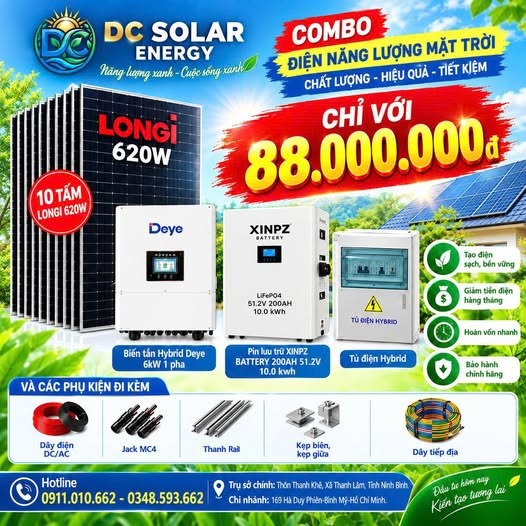 Combo điện năng lượng mặt trời hybrid 6,2 kWp – Deye 6kW, pin XINPZ 10 kWh