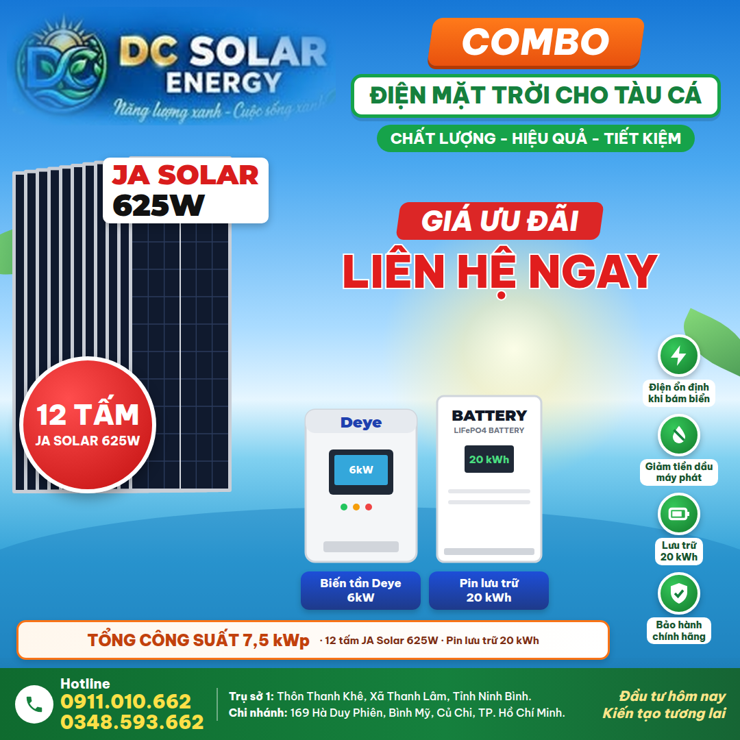 Combo điện mặt trời cho tàu cá 7,5 kWp – Deye 6kW, pin lưu trữ 20 kWh
