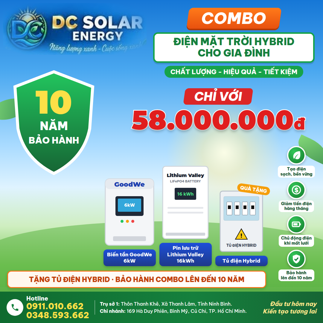 Combo lưu trữ điện hybrid cho gia đình – GoodWe 6kW, pin Lithium Valley 16 kWh
