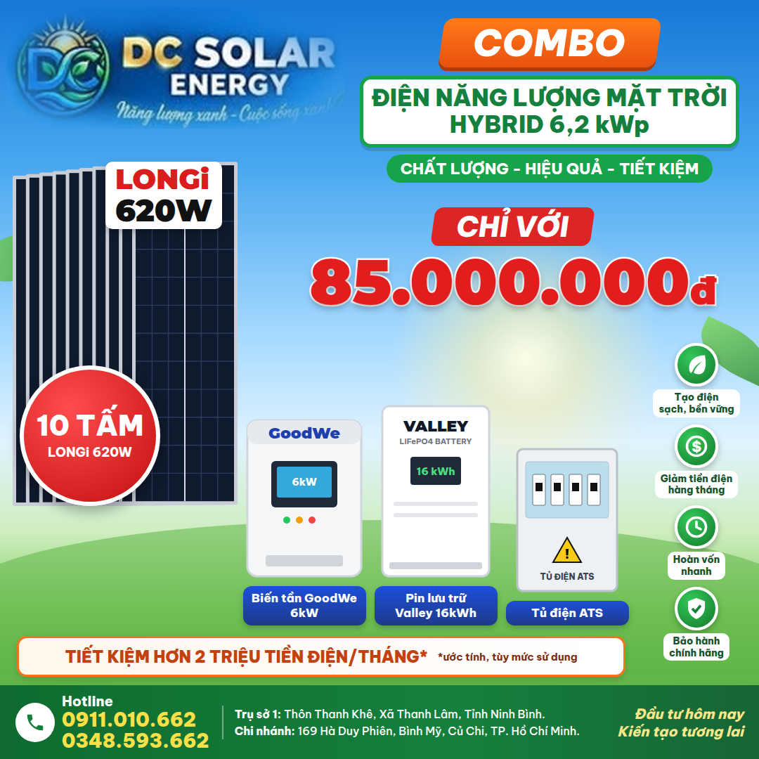 Combo điện mặt trời hybrid 6,2 kWp – GoodWe 6kW, pin Valley 16 kWh, tủ ATS