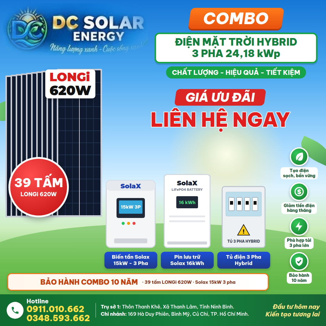 Combo điện mặt trời hybrid 3 pha 24,18 kWp – Solax 15kW, pin Solax 16 kWh